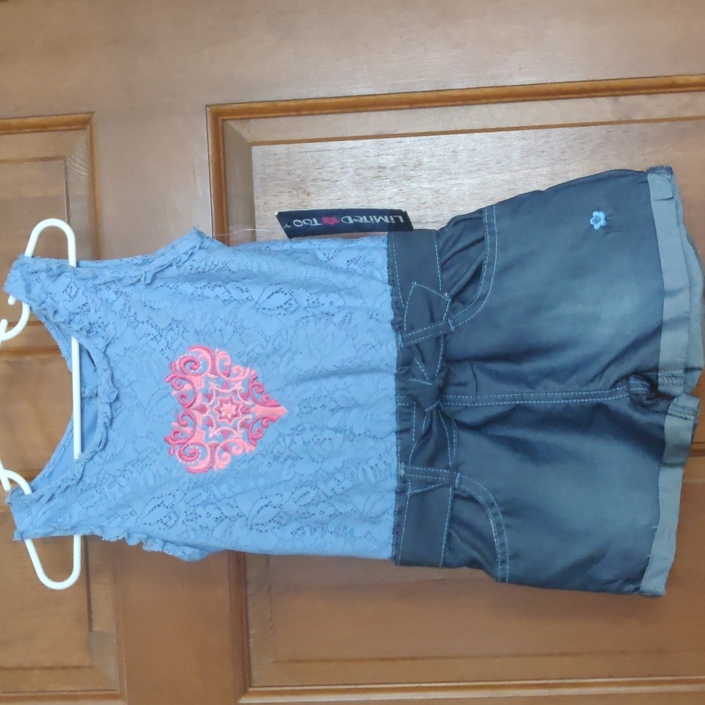 Adorable Blue Denim and Lace Romper With Embroidered Heart Front Detail Size 5/6